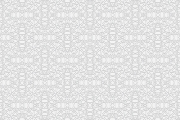 3D volumetric convex embossed geometric white background. Abstract pattern in a unique doodling technique. Ethnic oriental, Asian, Indonesian motives with handmade elements for design and decoration.