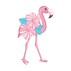 cute flamingo and flowers with leaves, children's print tropical design, flamingo on white background.