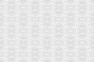 3D volumetric convex embossed geometric white background. Curly pattern in a unique doodling technique. Ethnic oriental, Asian, Indonesian motives with handmade elements for design and decoration.