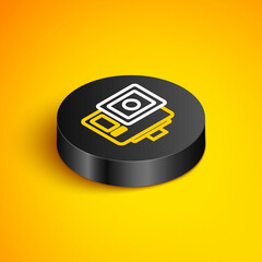 Isometric line Action extreme camera icon isolated on yellow background. Video camera equipment for filming extreme sports. Black circle button. Vector