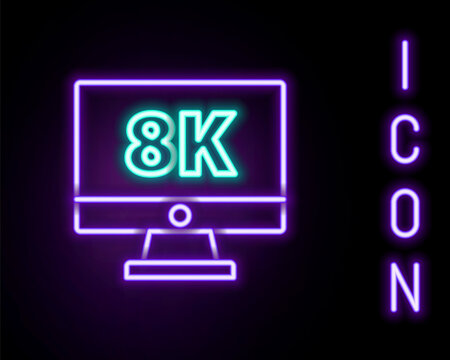 Glowing neon line Computer PC monitor display with 8k video technology icon isolated on black background. Colorful outline concept. Vector