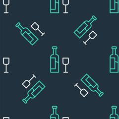 Line Wine bottle with glass icon isolated seamless pattern on black background. Vector
