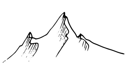 A vector isolated mountain peak consisting of three peaks.A chain of mountains drawn by hand with an isolated black line on a white background. mountain peaks with texture strokes simple sketch style 