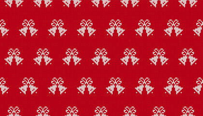 Xmas knit pattern. Seamless print with Christmas bells. Red knitted sweater texture. Festive traditional background. Fair isle holiday ornament. Vector illustration.