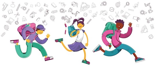 Happy and cheerful children. Boys and a girl of different nationalities in bright clothes run to school or from school. School supplies. All objects are separated. Vector illustration. Hand-drawn.