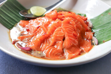 spicy salmon salad or spicy salad , fish salad or salmon salad