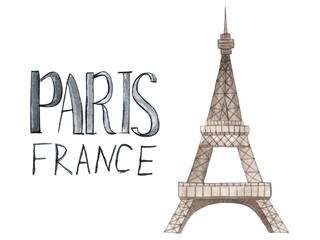 Eiffel tower with lettering Paris France. Watercolor hand drawn illustration isolated on white background.
