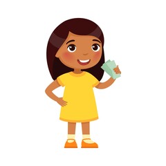 Little Indian girl with money in hand. Rich happy child holding banknotes cartoon character. Earnings savings, profit, income. Wealthy dark skin kid with cash isolated on white