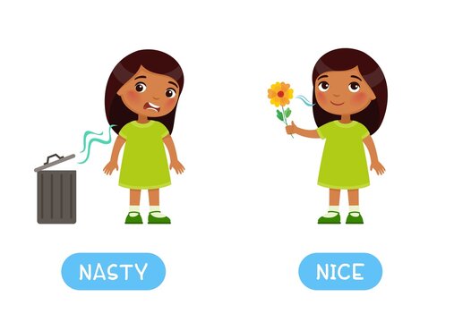 Awful and nice antonyms word card vector template, Opposites concept. Flashcard for English language learning. Little Indian girl does not like the bad smell from the trash can,  Dark skin child sniff