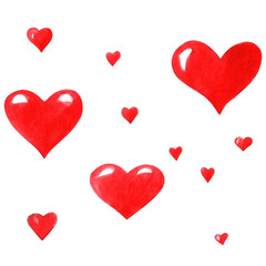 Set of red watercolor hearts. Hand drawn illustration of love symbol isolated on white