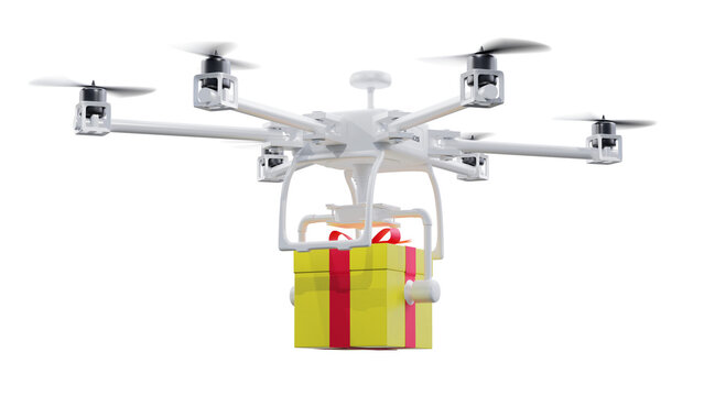 UAV drone delivery services with yellow gift box isolated on white background. clipping part. 3d render.
