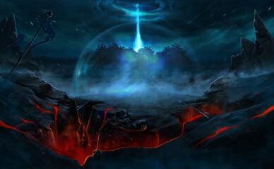 Fototapeta na wymiar Game background. Portal on the island at night. Digital graphics.