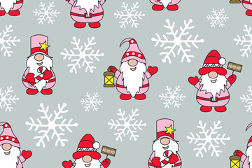 Christmas seamless pattern with gnomes and snowflakes. Winter holidays. Cute background.