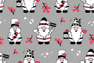 Christmas seamless pattern with gnomes. Winter holidays. Cute background.