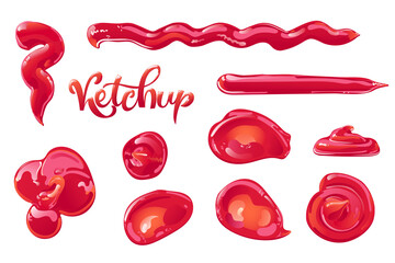Tomato ketchup splashes, stains and drops set. Red food condiment. Vector elements in flat cartoon style.