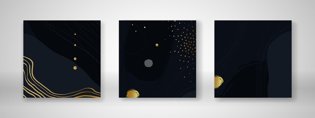 Set of dark blue square backgrounds with fold foil elements, hand drawn gold lines and glitter. Vector template.