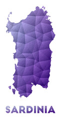 Map of Sardinia. Low poly illustration of the island. Purple geometric design. Polygonal vector illustration.