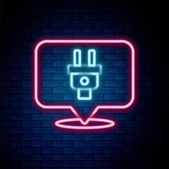Glowing neon line Electric plug icon isolated on brick wall background. Concept of connection and disconnection of the electricity. Colorful outline concept. Vector