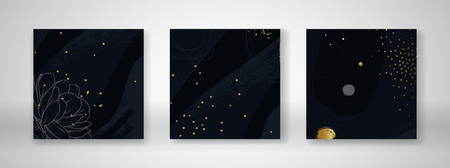 Set of dark blue square backgrounds with fold foil elements, hand drawn gold lines and glitter. Vector template.