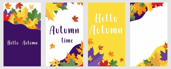 Obraz na płótnie Canvas Autumn background set with leaves and hello Autumn lettering text. Fall seasonal design for banner, poster, card, print, sale, advertising etc. Flat style vector illustration