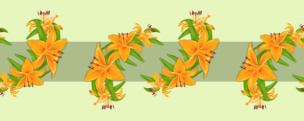 Seamless pattern, edge, border. A bouquet of orange lilies on a light green background