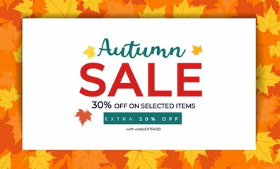 Autumn sale banner template with colorful maple leaves. Fall seasonal shopping design template for flyer, brochure, poster, voucher. Flat style vector illustration.