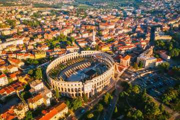 Aerial drone photo of famous european city of Pula and arena of roman time.
