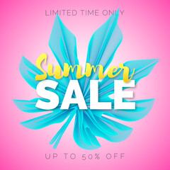 Pink summer banner with abstract tropical leaf