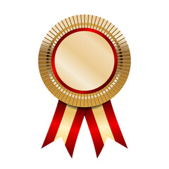 Champion gold medal with red ribbons. Award for victory. Best quality guaranteed golden label, vector illustration