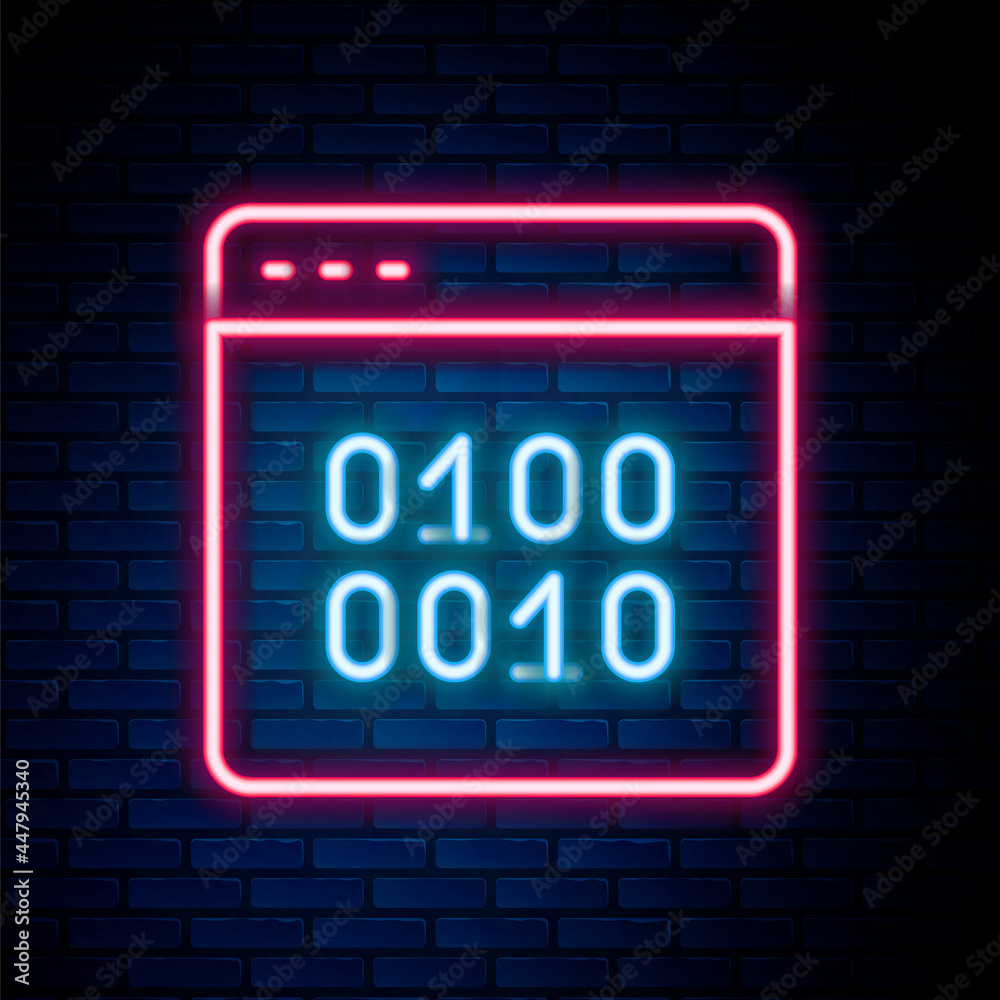 Fototapete Glowing neon line Binary code icon isolated on brick wall background. Colorful outline concept. Vector
