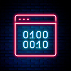 Fototapeta premium Glowing neon line Binary code icon isolated on brick wall background. Colorful outline concept. Vector