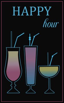 Happy hour cocktailes party. Bright neon alcohol illustration.