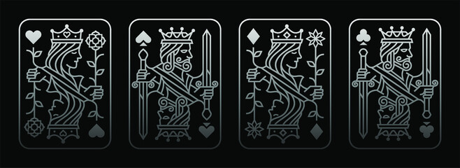 silver King and queen playing card vector illustration set of hearts, Spade, Diamond and Club, Royal card design collection