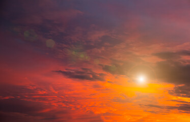 Beautiful dramatic sky. Sunset or sunrise time. Amazing purple clouds. Soft focus photo.