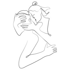 Girl passionately kisses the guy hugging his head. Minimalism style. Design suitable for valentine's day, love stories, postcards, tattoo, marriage agency logo, banner, poster, print. Isolated vector