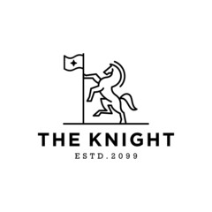 knight horse logo concept, standing stallion horse  unicorn with flag logo design in line line art linear outline style vector monoline