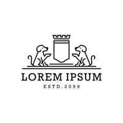 heraldic dog kingdom logo, puppies standing crest shield line art outline logo vector template