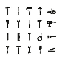 Tools icon set. Repair work instruments black silhouettes collection. Vector isolated on white