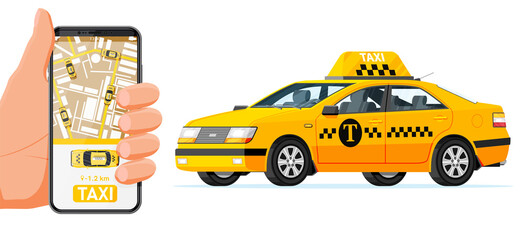 Hand Holding Smartphone with Taxi Application on Screen. Taxi Car Isolated on White Background. Booking Taxi Online Concept. Taxi app or Service. Yellow Car and Smartphone. Flat Vector Illustration © absent84