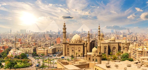 Deurstickers Mosque-Madrasa of Sultan Hassan, beautiful panorama of Cairo landmarks, Egypt © AlexAnton