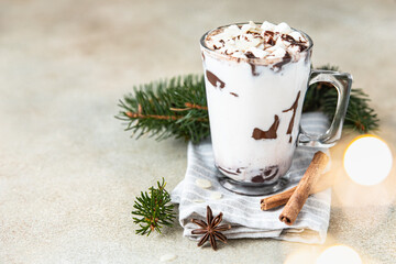 Hot chocolate or cocoa drink with marshmallow. Winter holiday composition with cinnamon sticks, anise and garland.