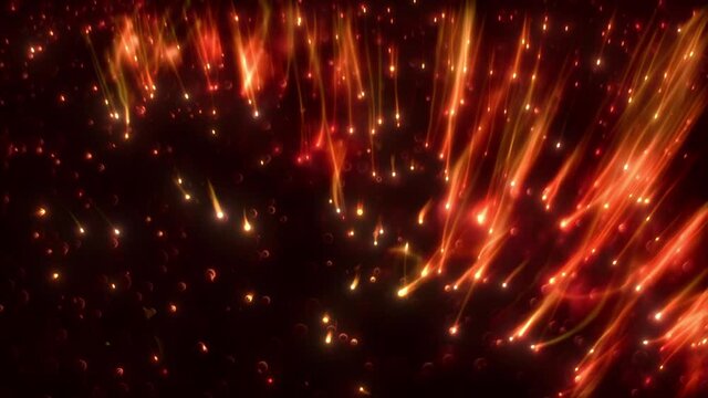 Orange golden shimmering abstract energy particles loop background. Concept 3D animation overlay of rising and floating futuristic artificial intelligence quantum nanotechnology robots swirling in spa