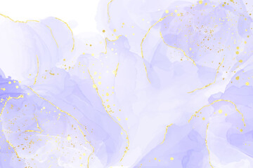 Abstract luxury lavender liquid watercolor background with golden cracks. Pastel violet marble alcohol ink drawing effect. Vector illustration design template for wedding invitation © svetolk