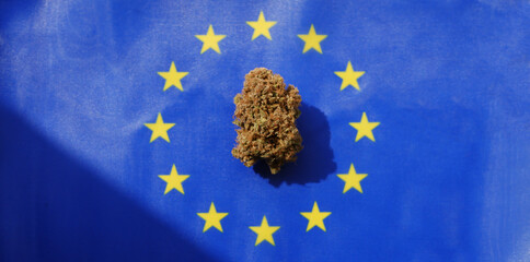 Cannabis bud lay on European Union flag. Legalization of marijuana in EU banner
