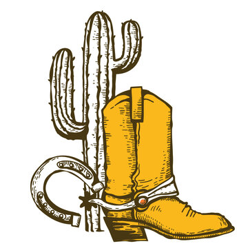 Cowboy boot, horseshoe and cactuses. Vintage Westerrn symbol hand drawn color illustration isolated on white.