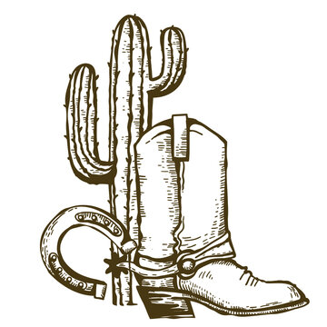Cowboy boot, horseshoe and cactuses. Vintage Westerrn symbol hand drawn color illustration isolated on white.