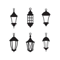 Vector isolated illustration of english hanging lanterns silhouettes. Collection of six black icons of classical lamps