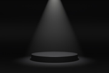 Simple blank luxury black gradient background with product display platform. Empty studio with circle podium pedestal on a black backdrop with volumetric light. 3D rendering - obrazy, fototapety, plakaty