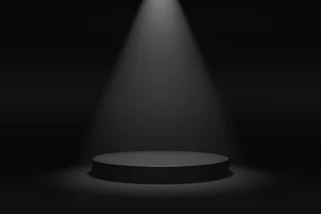 Fotobehang Simple blank luxury black gradient background with product display platform. Empty studio with circle podium pedestal on a black backdrop with volumetric light. 3D rendering © ptgregus
