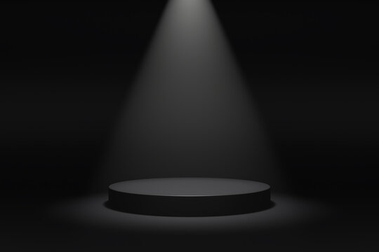 Simple blank luxury black gradient background with product display platform. Empty studio with circle podium pedestal on a black backdrop with volumetric light. 3D rendering